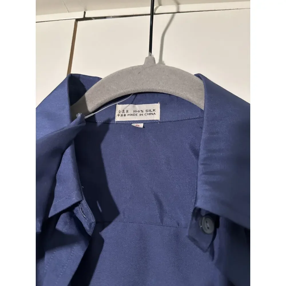 Vintage 100% Silk Blue Button Down Shirt with Tie, Size S - Picture 5 of 11